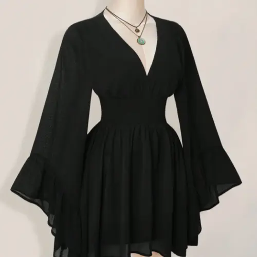 Women's Gothic Style Solid V Neck Waist Cinched Fitted Dress, Elegant Long Sleeve Mini Dress, Autumn/winter Lantern Sleeve Dress, Womenswear Lady, Chic