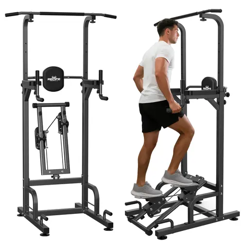 RELIFE Stainless Steel Power Tower - Calisthenics Horizontal Bar, Pull Up Bar, Dip Station with Adjustable Height, Stair Stepper, Multiple Grip Positions, 450lbs Max Capacity, Anti-Scratch Coat for Adults, At Home Gym Strength Training Workout Equipment