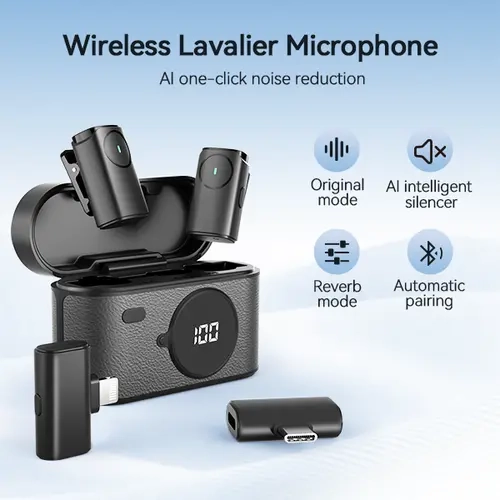 Compact Cordless Lavalier Microphone with AI Denoising, 1-Touch Recording, Rechargeable Lithium Ion Battery Case, 1-Click Operation - Mobile Audio Accessory for Content Creators, Compatible with iPhone/Android Smartphones for High-Quality Recording