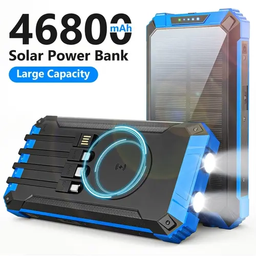 6-Output 46800mAh Durable Smart Mobile Power Bank - Solar & USB Recharge, Portable Wireless Charging, Dual Lights, Type-C Port, 4 Built-in Cables, Plug, Button, Protection for Digital Mobile Devices, Emergency Prep Lithium Battery Accessory