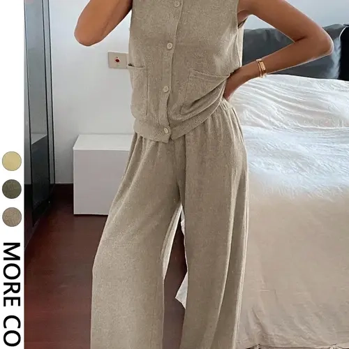Women's Casual Round Neck Sleeveless Knit Top & High Waist Wide Leg Pants Set, Spring Fall Fashion, Comfortable Plain Design, Minimalist