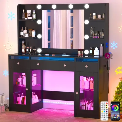 47.2" Vanity Desk W/6000-Colors Lighting&Power Outlet,Makeup Vanity Desk W/LED Mirror and Lights 3 Colors,Transparent GlassTop W/3 RGB Drawers,Hair Dryer Hold,2 Large Tempered Cabinets for Bedroom