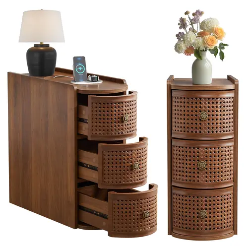 Giratree Metal Rattan Narrow End Table with Charging Station, Black Side Table with Drawers Storage, Small Night Stand with Power Outlets and USB Ports, Sofa Side Table for Living Room