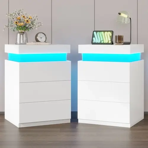Sikaic White LED Nightstand Set of 2 with Charging Station, 3-Drawer Modern Nightstands with USB Ports & Outlets, Bedroom Storage Furniture