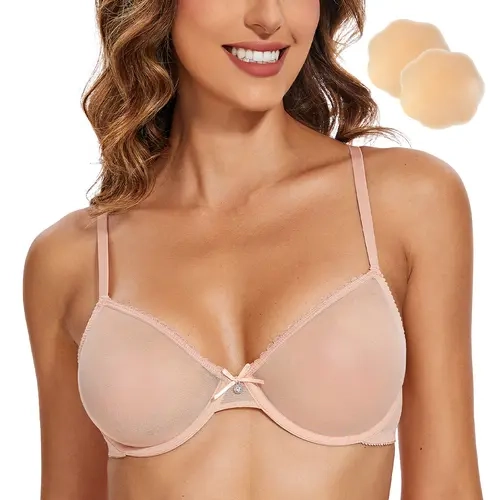 Wingslove Women's Sheer Bra Unlined Underwire Support Everyday Bra with Silicone Nipple