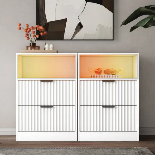 Modern Bedside Table Nightstand Sets - 2-Piece Natural Oak LED Bedroom Furniture Set with Charging Station, Scratch-Resist Fluted Wood Side Tables, 2 Drawers, RGB Soft Eye-Safe Light, Noise-Reducing Slides for Small Spaces, Children’s Decor