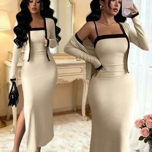 Women's 2-Piece Fall Winter Fashion Comfortable Colorblock Square Neck Camisole Long Dress with Long Sleeve Outer Cardigan, Versatile Design
