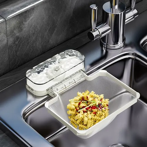 Foldable Sink Drain Strainer Rack Set, Formaldehyde-Free Non-Toxic ABS Kitchen Sink Accessories - 50 Mesh Disposable Waste Nets, Anti-Clogging Basket Holder, Suction Cup Sponge Holder, Hands-Free Flat Floor Mop Bucket