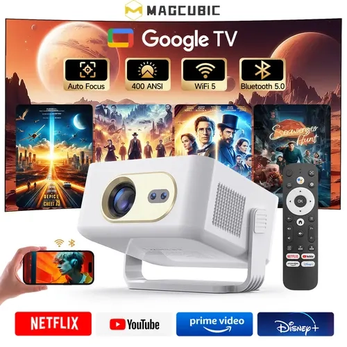 Magcubic HY300GT 0.8:1 Short Throw Projector (Bundled Google TV Stick) - Officially Certified, Auto Focus, 400ANSI, Voice Assistant, Built-in 5W Speaker, WiFi5, BT5.0, Allwinner H137, Cast, Device, Audios, ABS, Room Accessories, Gaming #tiktokshopstockup