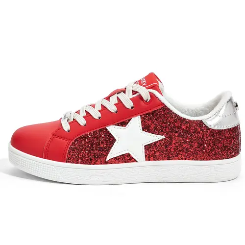 LUCKY STEP Women's Low-Top Girly Glitter Stars Lace-Up Round Toe Casual Athletic Ankle Trainers - Cushioned Synthetic Footwear, Slip-Resistant TPR Outsole, Sports Shoes for Training, All-Seasons Stylish Wear