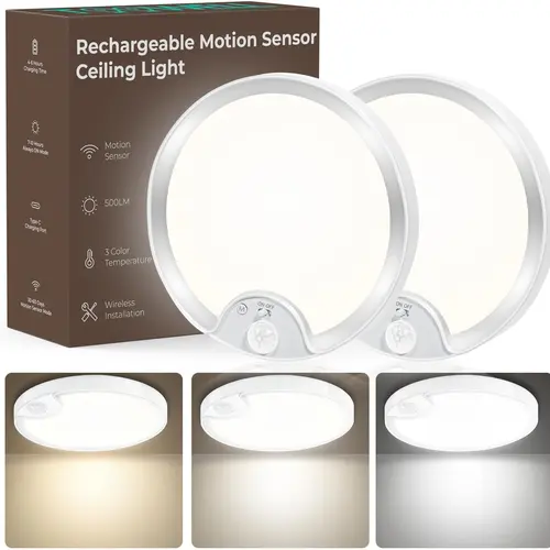 TOOWELL Adjustable 2-Pack Rechargeable Plastic Motion Sensor Ceiling Lights, 8000mAh 500lm IP54 Waterproof Battery-Operated Fixtures, 7.9"d x 1.7"h, 7-10 Hours Runtime, Wireless Setup, Stay On Mode, 9-16ft Sensing, for Closets, Father's Day Gift Option