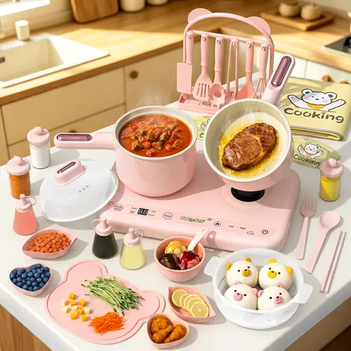 Gotoofun Pink Double Stove Kids Cooking Set | Safe Mini Kitchen for Boys & Girls 5–12 | Montessori Pretend Play Cooking Toy | Birthday & Summer Gift