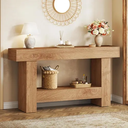 63 Inches Long Console Table, Sofa Table with Storage Behind Couch, Entryway Table with Open Storage, Farmhouse Console Tables for Entryway, Living Room, Hallway, Oak Color