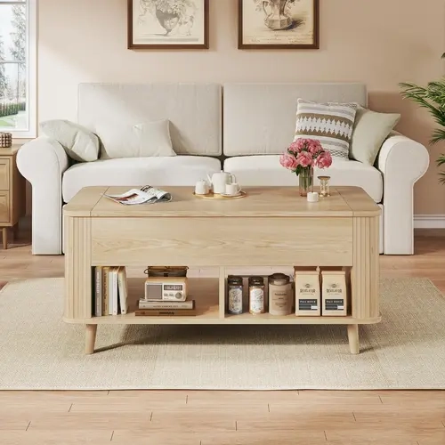 Lift Top Coffee Table with Storage, 41" Mid Century Modern Coffee Table with Fluted & Curved Profile Design, Hidden Storage Compartment, Lower Shelf Center Table for Living Room Office, Oak