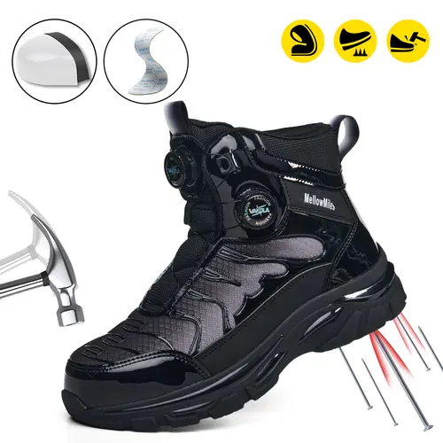 Men's Ankle-Steady Mid-Top Steel Toe Safety Workboots, Round Toe Anti-Smash Metatarsal Guard, Locking Button Debris-Block Laces, Lightweight Puncture-Proof Fabric Shoes with Anatomical Footbed, All Seasons Safety Style Footwear