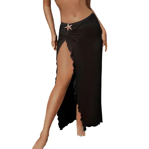Aleumdr Women's Airy Semi-Sheer Swimsuit Cover Up - 95% Polyester Lily Print Ruffled Sarong, High Slit, Starfish Accents, Ruffled Hem, Elastic Waist, Soft Drape, Resort Wear for Women (Converts to Skirt)