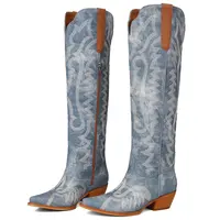 EROCALLI Women's Western Cowgirl Boots - Basic Casual Shoes for Women, Bold Point-Toe Look, Chunky Heel, Intricate Embroidery, Side Zipper Entry, Vintage Style, Durable, Denim-Like Texture, Mid-Calf Height, All-Season Country Concert Footwear