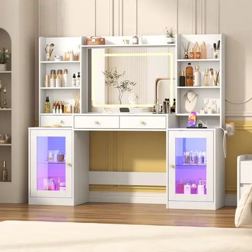 62" Black Modern Sturdy Makeup Dressing Desk - Tempered Glass Top, RGB 60,000 Colors Set Mood Lights, Smart Design, Power Outlets, 2 Drawers, Storage Side Cabinets, Stable Freestanding Chic Vanity with Full-Length LED Mirror