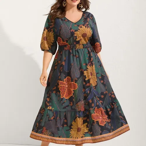 BloomChic Floral Shirred Lantern Sleeve Midi Dress 【M-6XL】