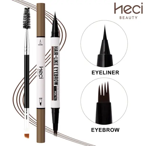 HECI BEAUTY Duo Eyebrow & Eyeliner Shape Pen - Micro-Fork Tip, Hydrolyzed Keratin Blend, Swertia Japonica Extract, Hair-Like Texture, Quick-Apply, Friction-Resistant, Smudge-Proof, Quick-Drying, Long-Lasting Tool for Natural Brows & Daily Makeup