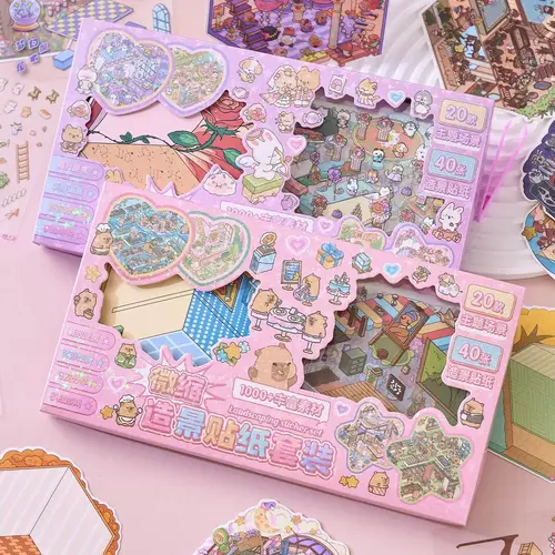 Fantasy Park Series Whimsical Miniature Scene Scrapbooking Set - 61-Sheet Box with 40 Cute Stickers, 20 Cards, Small Tweezers for Fantasy Lovers, Interactive Creative Fun, Crafting Unique Scenes, Precise Placement, Easy Handling