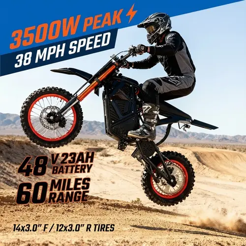 ESKUTE Off-Road Electric Dirt Bike - 3500W Motor, 220Nm Torque, 38 MPH, 48V 23Ah 60-mi Range Battery, Steel Frame, Dual Hydraulic Disc Brakes, 14"/12" Puncture Tires, Unisex Adventure Bike with Helmet