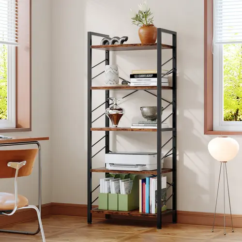 Raybee Multipurpose Bookshelves Decor Shelf Industrial Five-Tier Corner Bookshelf Modern Display Bookcase with Metal Frame Sidebars & Adjustable Feet for Bedroom Living Room and Home Office Rustic Brown Black
