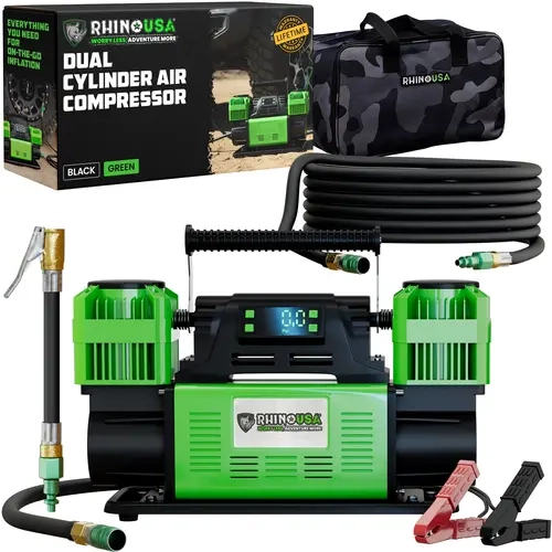 Rhino USA Dual Tire Air Compressor – 12V Portable Pump, 10.6 CFM, Auto Shutoff, Built-in Pressure Gauge, Serviceable Filters, Rubber Mounts, Quiet Operation – Accessories for Off-Road & Truck Tires