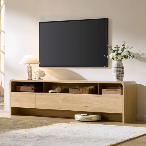 AMERLIFE 70in Sturdy Rectangle Wood TV Stand - Living Room Decor, Fits 80in TVs, Curved Profile, 2 Storage Cabinets, 3 Cubbies, Cable-Neat Setup, Apartment Furniture, Assembly Required#TikTokShopFallDealsForYou