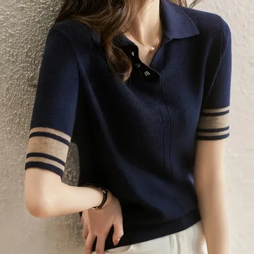 New Fine Knit Premium Fitted Casual Polo Shirts T-Shirt for Women, Lady Spring & Fall Versatile Stylish Fitted Silhouette Knitted Aesthetic Short Sleeve Bottom Layer Top, Casual Fashion Womenswear