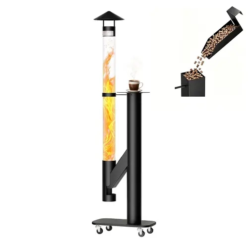 ABORON 71" H Patio Pellet Heater - Durable & Heat-Resistant Wood-Burning Patio Fire Pit Stove with Base, Wheels, 6.6-lb Pellet Capacity, Glass for Backyard Dinners, Cool-Weather Entertaining, Modern Home Decor