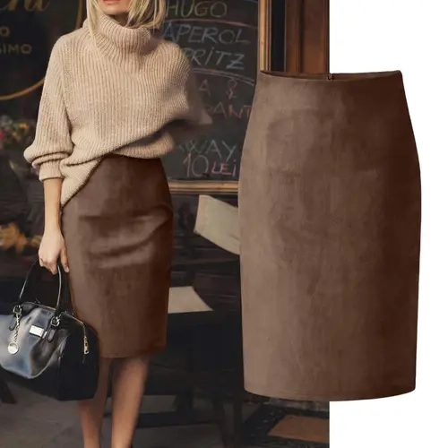 Women's Solid Color Deer Skin Air Layer Fitted Knee-Length Skirt, Fashionable Simple Elegant Comfortable, Ideal for Daily Commute and Versatile Wear