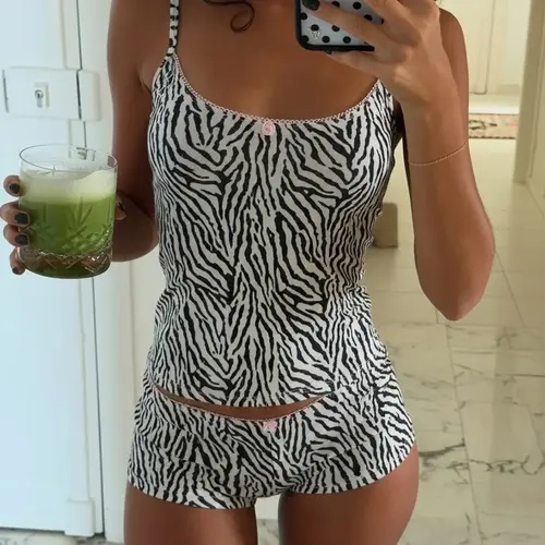 Women's Zebra Print Sleeveless Crop Top & Natural Waist Shorts, Stretchy Two-Piece Set, Y2K Street Style All Seasons Summer Outfits