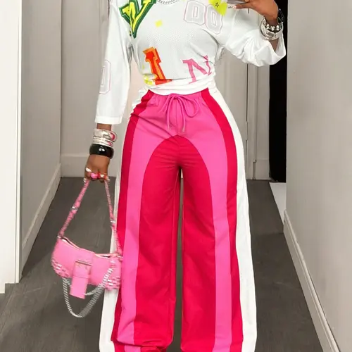 Women's Fashion Sporty Summer Thin Colorblock Print Sport Pants, Loose-Fitting Wide Leg Knit Sports Trousers, All Seasons Casual Wear