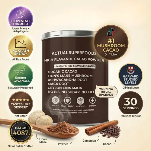 Actual Superfoods High Flavanol Cacao Powder - Single Origin, Non-Alkalised with Lion's Mane, Maca, Ashwagandha, Ceylon Cinnamon - Organic Heart-Healthy Beverage & Coffee Alternative - 30-Servings Wellness Supplement
