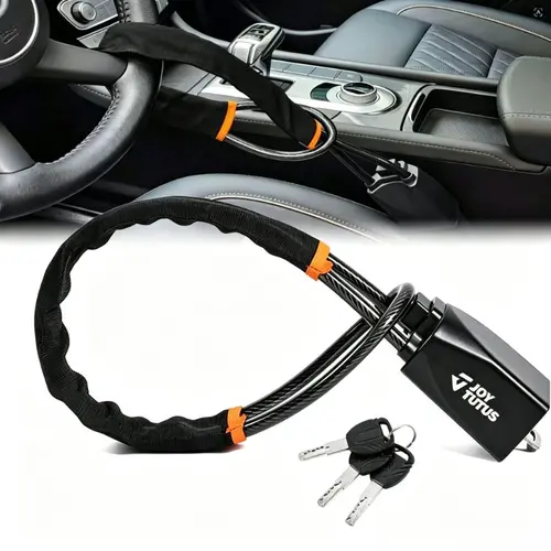 JOYTUTUS Heavy Duty Anti-Theft Steering Wheel Lock with 3 Keys - 5mm Steel Wire Cable Compatible, Rust-Resist PVC, Metal Build, Quick Install, Universal Fit for Cars, Trucks, SUVs, Locks Wheel+Seat, Deters Thieves, Car Accessories