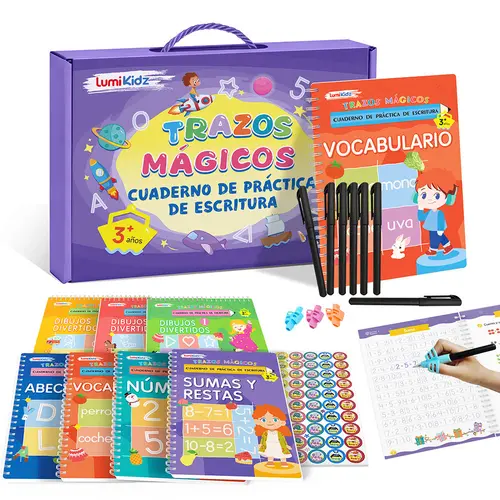 [Vocabulary Learning Aid] 2026 Spanish Calligraphy 7-Book Practice Set, 1 Mesh Zipper Pouch, 2 Stickers, Pen Included, Deeper Grooves Stroke Guide, 10.24x7.29in Reusable Tool for 3-8 Years Old Kids, Learning Materials, School Supplies