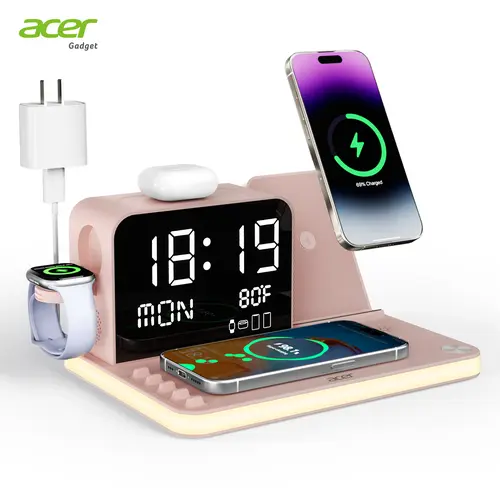 Acer 7 in 1 Wireless Charging Station Charger with LED Night Light, Bluetooth Time Sync Clock & Temperature Display, USB-A & USB-C, Magnetic MagSafe – for iPhone, Android Phone, Apple Watch & AirPods, Gift summerwins