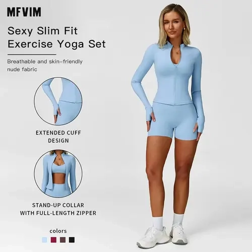 Women's Solid Crop Jacket & Backless Bra & High Waist Shorts Tracksuit Set by MFVIM - Casual Sporty Breathable Comfortable Activewear for Yoga, Gym, Workouts, Running, Ladies' Sports Apparel for All Seasons,travel essentials,camping essentials