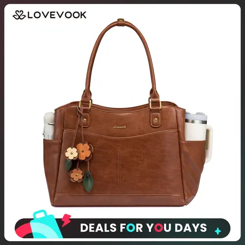 LOVEVOOK 15.6in Leather Laptop Bag for Women with Large Cup Holder, Vintage Work Tote Bag for Office & Travel, Features a Floral Charm，Thickened Compartment for Computer Protection, Back Zip Pocket,Elegant Design for All Occasions,TikTokFallDealsForYou