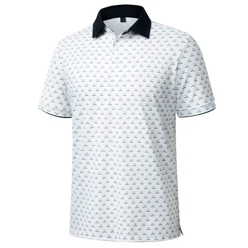 Alimens&Gentle Men's Contrast Collar Short Sleeve All Over Printed Polo Shirt, Dry Fit Moisture Wicking Stretch Collared Business Casual Shirt
