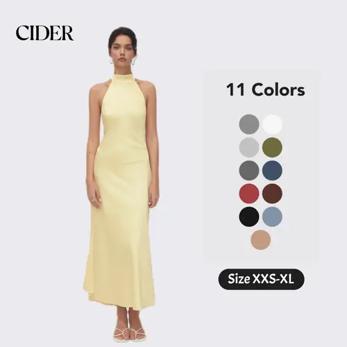 Cider Satin Maxi Dress – Halter Neckline Backless Glossy Silk-like Sexy Elegant Women's Party Wedding Guest Evening Gown, Vacation Slim Fit Beach Dress
