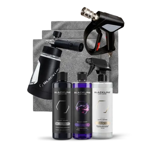 BLACKLINE Ultra Bundle Complete Exterior Car Wash Kit for Detailers - Snub Nose Compact Pressure Washer Gun, JDM Ultra Foam Cannon with Insane Performance, Foam Soap, Microfiber 3 Pack, Blackout Trim+Tire Dressing, Ceramic Protectant
