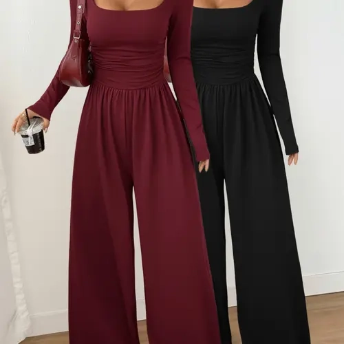 Women's 2-Piece Fall Winter Knit Solid Color Square Neck Fashion Comfortable Simple Versatile Long Sleeve Wide Leg Chic Casual Jumpsuit Set