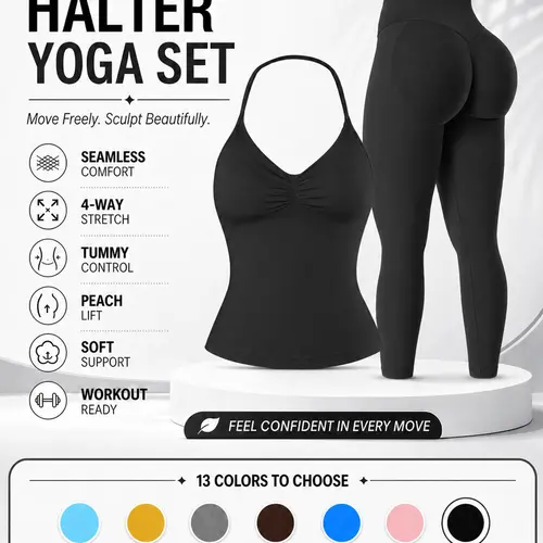 Women's Seamless Sportswear Set, Halter Sports Bra & Butt-Lifting Tight Pants, Removable Pads, Sculpting Workout Outfit, Fitness Clothing, Workout Sets, Ideal for Gym, Running, Yoga and Outdoor Activities