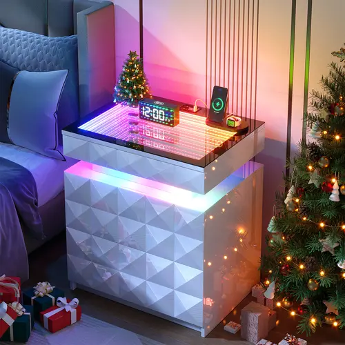 Dystler Modern Nightstand with Charging Station, RGB Lights, Tempered Glass, Sliding Top, 3 Drawers, Hidden Storage and Lockable Design, Bedroom End Side Table, Requires Assembly