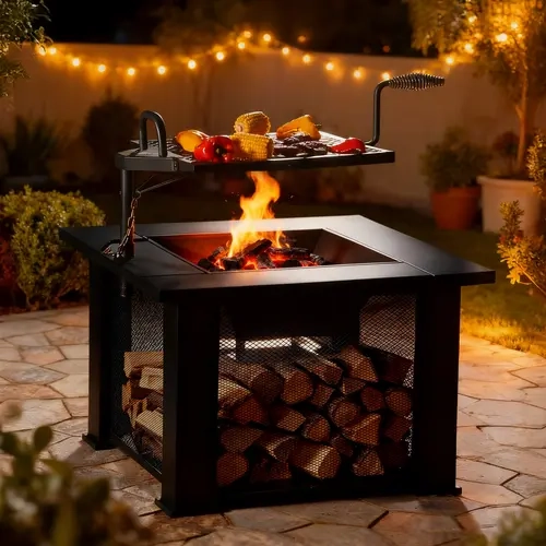 BALI OUTDOORS 31 inch 2 IN 1 Square Fire Pit with BBQ Grill & Wood Burning & Temporary Cooler for Patio Outdoor Firepits