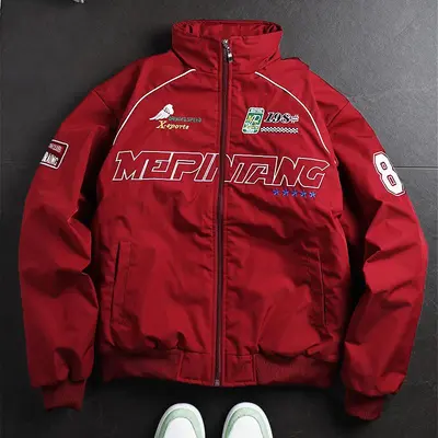 Men's Racing Style Bomber Jacket - Graphic Print with Patch Details, Stand Collar Design, Fleece Fabric Offers Comfort and Warmth, Perfect for Casual Street Style, Everyday Wear, or This Season's Trendy Sporty Look Coats Long Sleeve