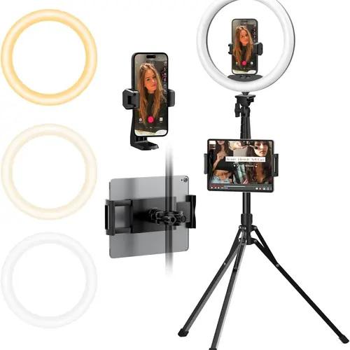 UBeesize 12 in Adjustable 122-LED Even Glow Metal Foldable Ring Light with 74 in Extendable Tripod Stand, Wireless Remote, Mobile Holder, 3 Brightness - Vlogging Gear for Content Creators (iPhone, Android, Smartphone, Tablet)
