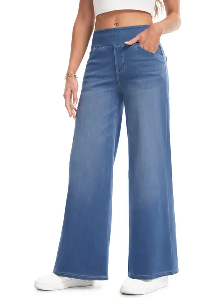 YUCOLEN Wide Leg Stretchy Jeans for Women Loose Fit Elastic High Waist Pants Pull On Baggy Fit Jeans Tummy Control Trousers Casual Work Wear (Regular Inseam)